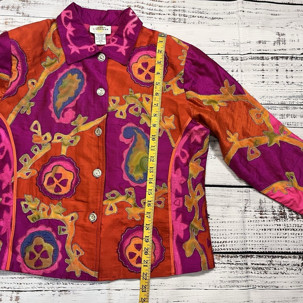 Vtg Sandy Starkman Women's M Boho Pink Neon Bright Silk Blend Embroidered Jacket - Picture 8 of 10